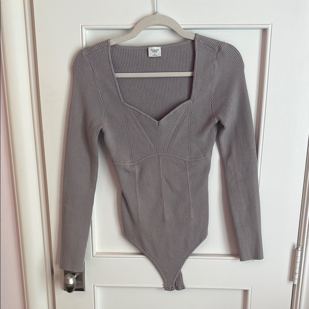 Gray Ribbed Long Sleeve Bodysuit
